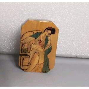 VTG Asian Lacquered Box Small Lady With Cat Trinket Wood